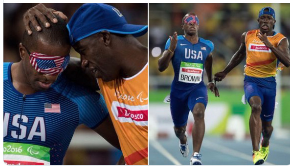Champion David Brown, a blind sprinter wears a U.S. Flag on his eyes, Jerome Avery is his guide - Vimarsana News